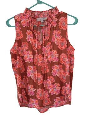 3/$20 LOFT Brown & Pink Floral Sleeveless V Neck Blouse